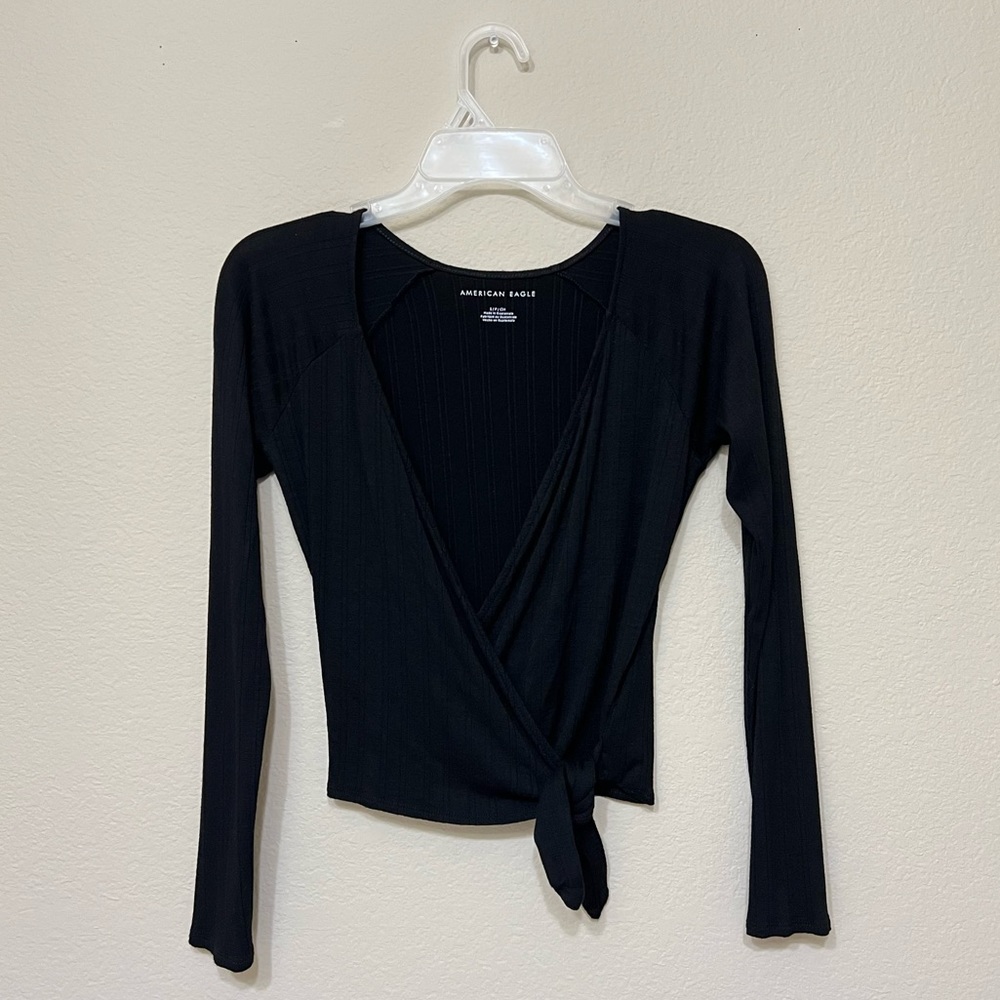 American Eagle Black Ribbed Long Sleeve Faux Wrap Tie Top (Small)